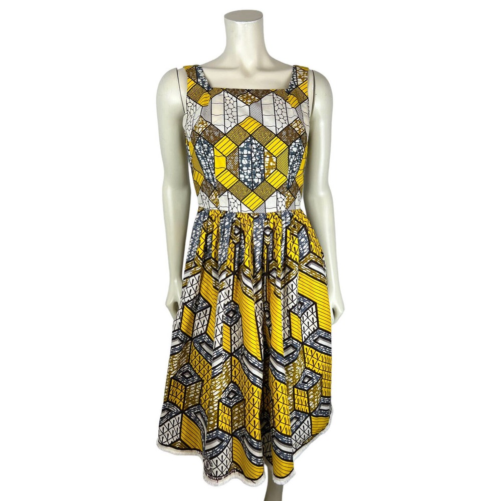 Lena Hoschek Sleeveless Nairobi Dress S African Print Honeycomb Fit Flare Yellow